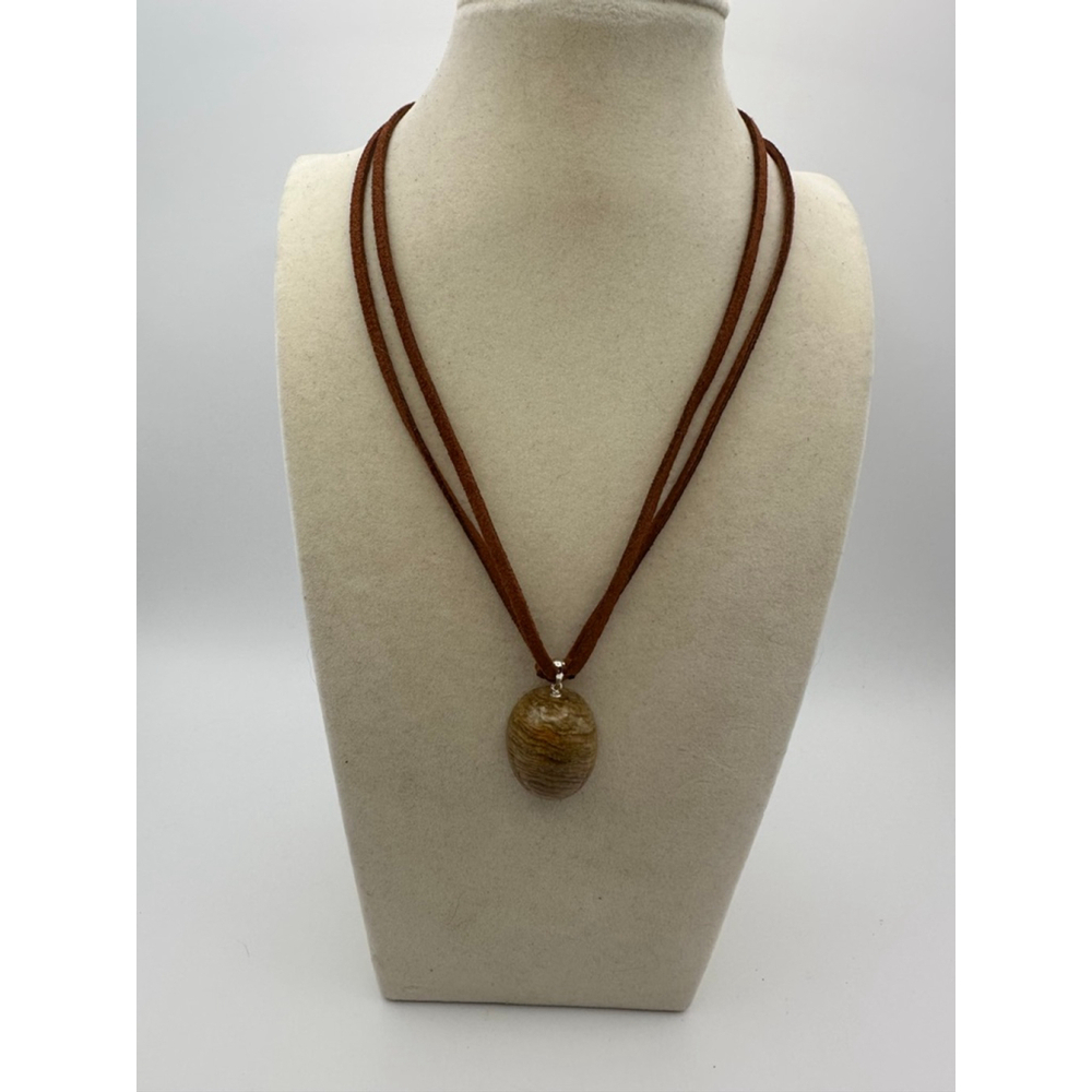 Oval Thousand Layer Garden Quartz Pendant Necklace on Brown Faux Suede - Picture 3 of 10